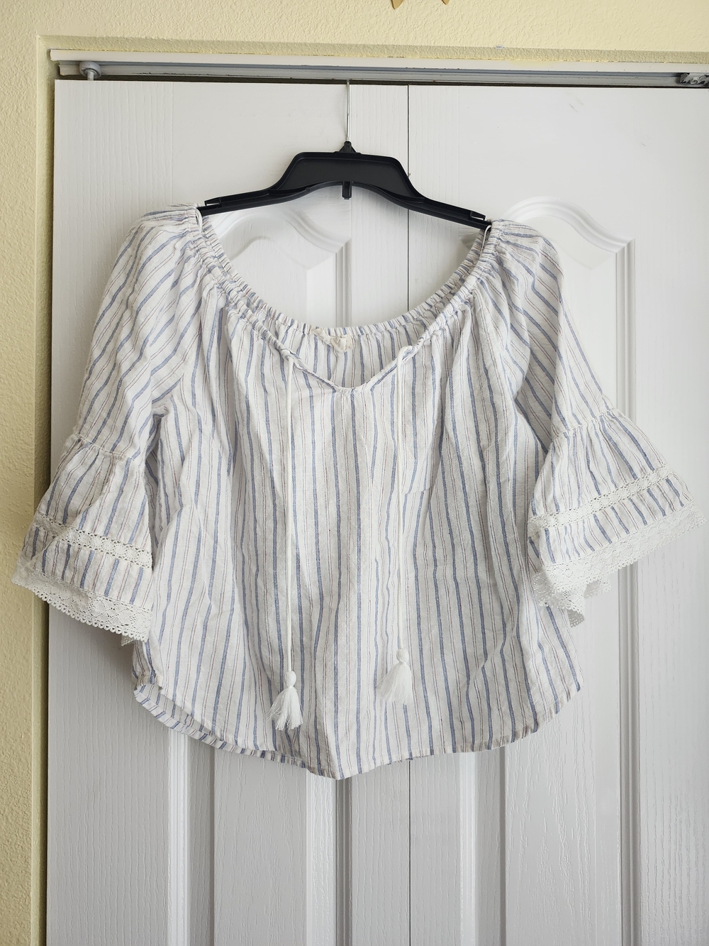 Lovestitch White & Light Blue Striped Off-Shoulder Tunic